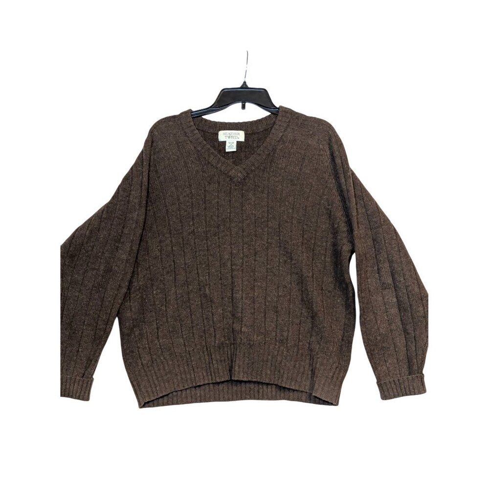 Vintage Heather & Tweed Brown Wool Shetland Ribbed Knit V-Neck Pullover Sweater